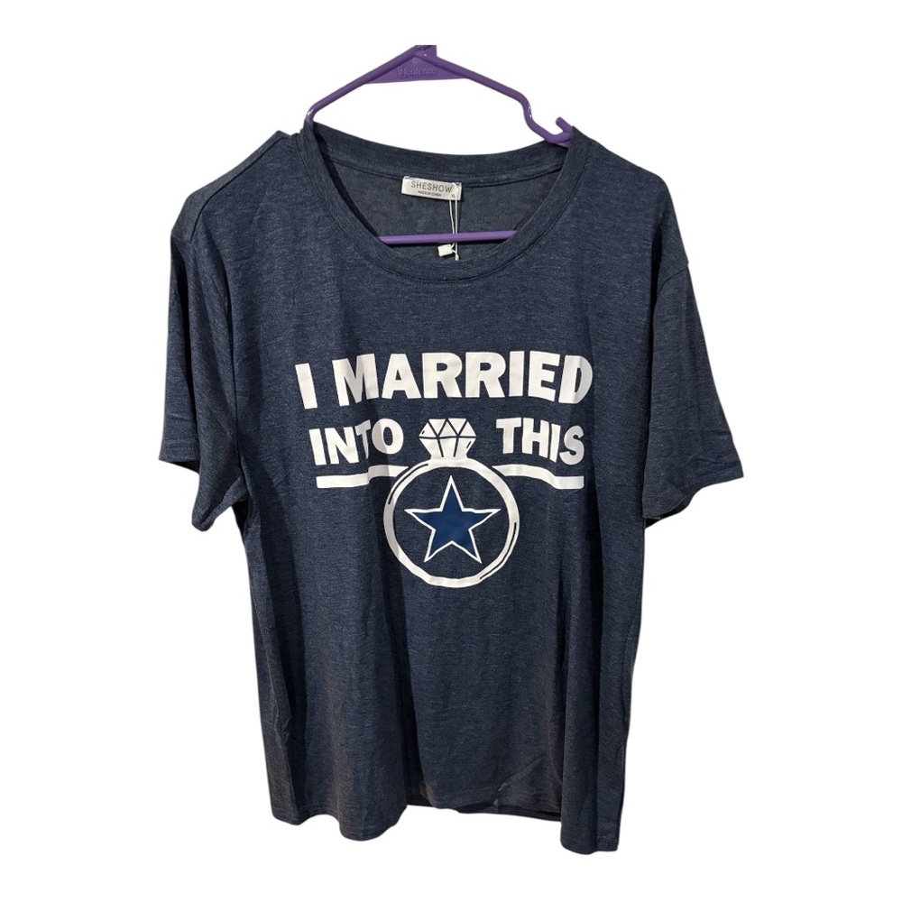 Dallas Cowboys Women’s Blue and White Graphic T-Shirt Married Into This Size XL